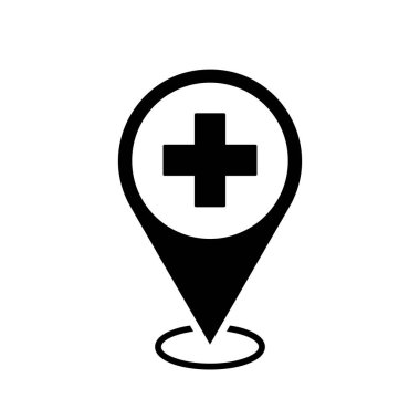 hospital location map pointer, cross icon with location pin, black symbol isolated on white background, vector marker, first aid sign, medical