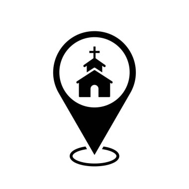 Kilise haritası işaretçisi, lokasyon broşlu ev kilisesi simgesi, beyaz arka planda izole edilmiş siyah sembol, vektör işareti, basit Hıristiyan dini işareti