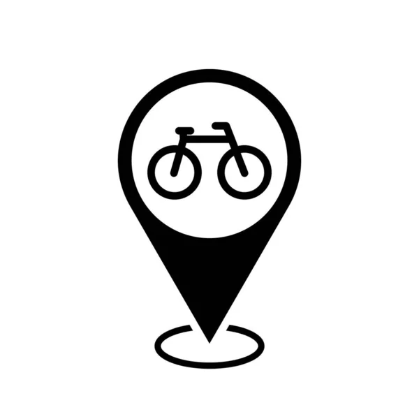 自転車の駐車場の場所の地図ポインタ 自転車のアイコンの場所のピン 白い背景に隔離された黒のシンボル ベクトルマーカー 簡単な自転車店の看板 — ストックベクタ