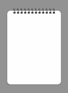 spiral bağlı dizüstü bilgisayar modeli, dikey boş çizim defteri, taslağınız için şablon veya maket, basit vektör çizimi, gri arkaplan