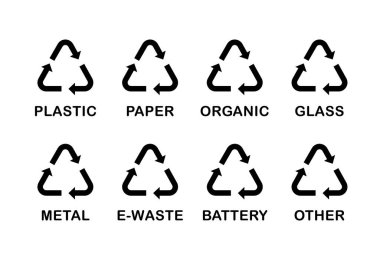 Atık ayıklama simgeleri seti siyah semboller, basit çöp etiketleri, çöp için işaretler, geri dönüşümlü malzeme vektör etiketi