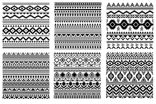 Seamless black vector tribal texture set. Vector stripes ink pattern. Tribal seamless texture. Vintage ethnic seamless backdrop