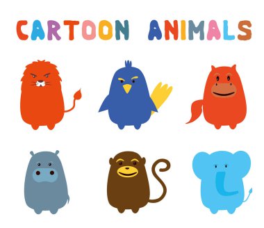 Çizgi film vahşi hayvanlar seti. Çizgi film hayvanları seti. Hippopotamus, Aslan, Fil, Maymun, At, Papağan. Düz tasarım. 