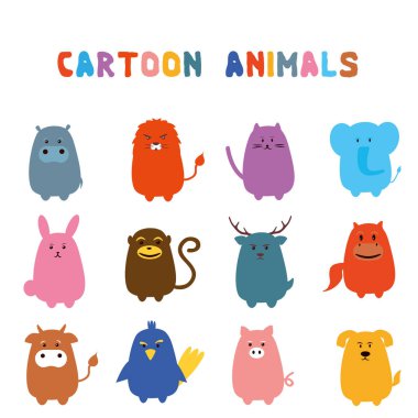 Çizgi film hayvanları seti. Hippopotam, Aslan, Kedi, Fil, Tavşan, Maymun, Geyik, At, İnek, Papağan, Domuz, Köpek. Düz tasarım. 