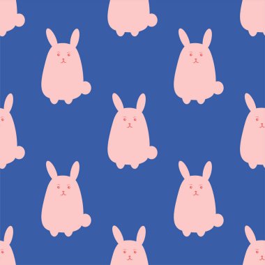 Kusursuz tavşan deseni. Mavi arka planda sevimli küçük tavşancık. Kumaş ve tekstil için şirin tavşan vektör tasarımı.
