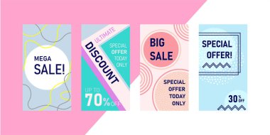 Sosyal medya şablonları çerçeveler. Hikaye tasarım fotoğraf veya ürün tanıtımı için. Promosyon indirim sosyal ağ. Soyut renkli sıvı şekli. Düğme, satış gün, sosyal medya kavramı kadar kuvvetli darbe.