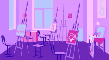 Artist Palette Workplace Interior Parts Concept 3d Isometric View with Drawing at Easel. Vector illustration of Art Service