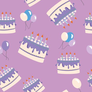 Balonlu, kusursuz bir şablon. Çizgi film renkli doğum günü pastası kusursuz vektör deseni çizimi