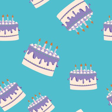 Balonlu, kusursuz bir şablon. Çizgi film renkli doğum günü pastası kusursuz vektör deseni çizimi