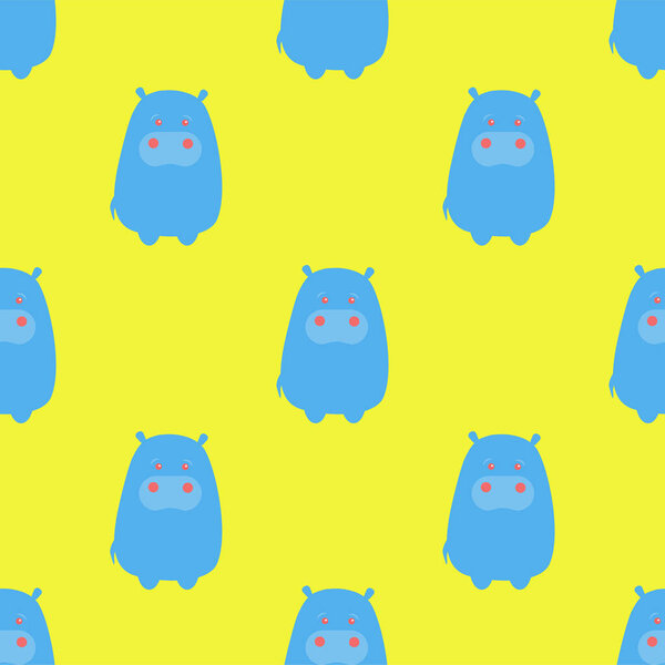 Vector pattern Hippopotamus on yellow background. Cute hippo.  Animal texture for illustrations.