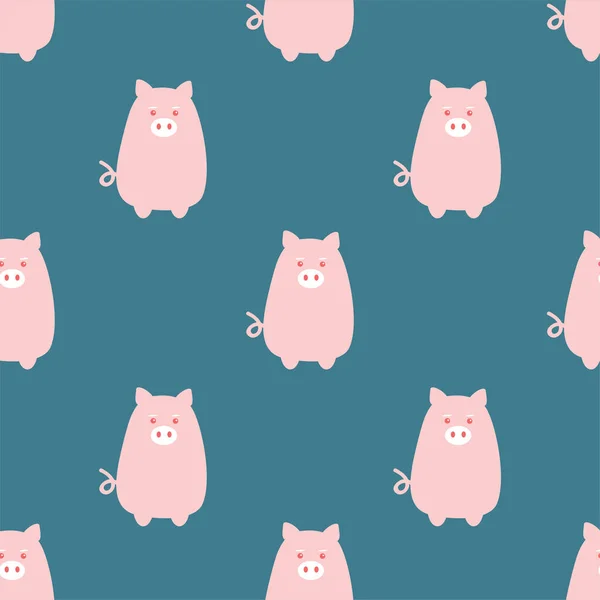 Flat Cute Pigs Collection Seamless Pattern Piggy Isolated Blue Background — Vector de stock