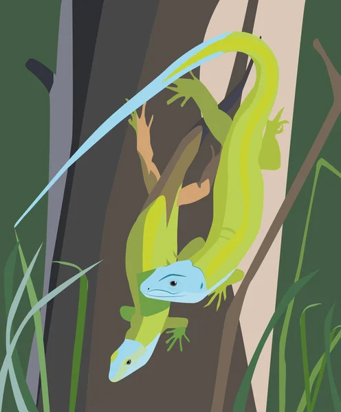 Two Green Vector Lizards Sit Tree Illustration Nature Green Grass — Stockový vektor