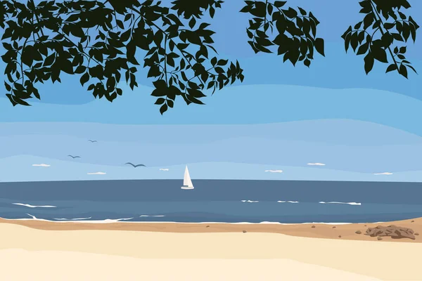 Stylized Seascape Realism Vector Nature Wild Beach Tree Leaves — 스톡 벡터