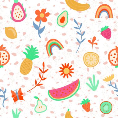 Soyut desenli, Çizgi Film Tatlı Meyveler ve Böğürtlenlerle Renkli Vektör Kusursuz Desen. Yaz Meyveleri Çocuksu Arkaplan