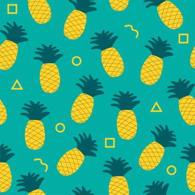 hand drawn seamless pattern with pineapples on blue background. Tropic fruit Pineapple and palm leaf seamless pattern background design.