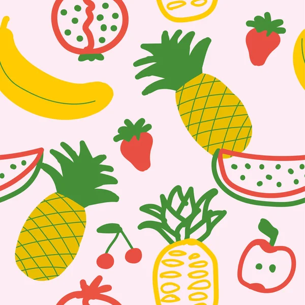 Hand Drawn Cute Seamless Pattern Fruits Orange Banana Pomeganate Cherry — Vetor de Stock