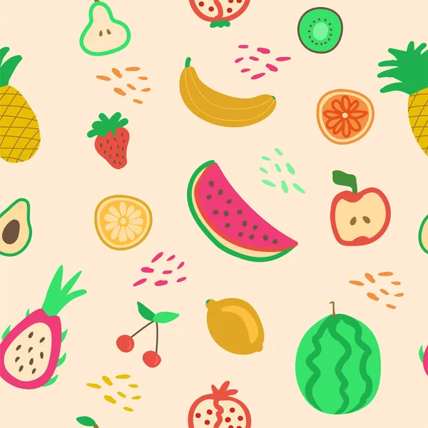 Hand Drawn Cute Seamless Pattern Fruits Orange Banana Pomeganate Cherry — Stock Vector