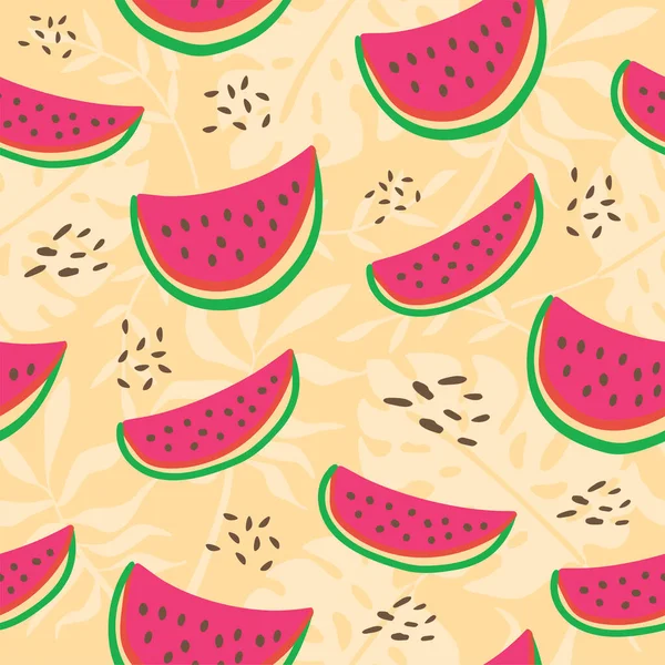 Watermelon Slices Fresh Pattern Cute Seamless Background Vector Illustration Exotic — Vetor de Stock