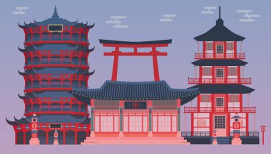 Geleneksel Kore, Çin, Japonya sarayları seti. Karikatür Geleneksel Asya Evi. Tapınaklar Koleksiyonu Yatay Sancak Düz Vektör İllüstrasyonu