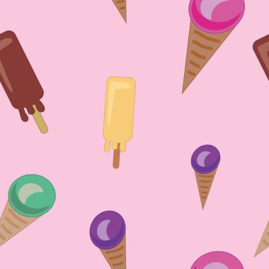 Pembe arka planda pürüzsüz desenli waffle fincanında renkli dondurma. Yaz duvar kağıtları, çocukların iç duvar kağıtları. Tatlı yaz yemeği. Vektör yinelenen doku.