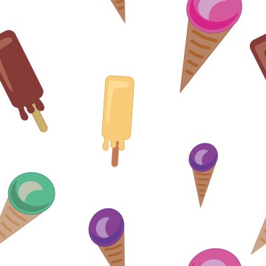Beyaz arka planda pürüzsüz desenli waffle fincanında renkli dondurma. Yaz duvar kağıtları, çocukların iç duvar kağıtları. Tatlı yaz yemeği. Vektör yinelenen doku.