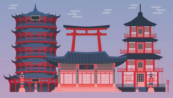 Традиционные Корейские Китайские Японские Дворцы Мультфильм Традиционный Азиатский Дом Horizontal — стоковый вектор