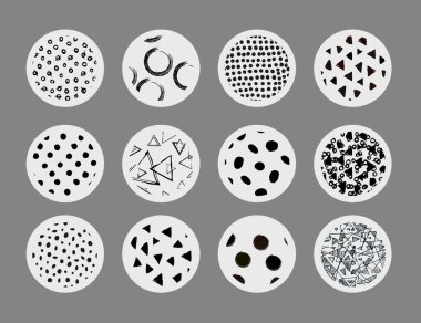 Yuvarlak, siyah ve beyaz soyut arka plan ya da desenler kümesi. Karalama şekilleri çiz. Noktalar, üçgenler, kıvrımlar, çizgiler. Modern moda vektör çizimi. Posterler, sosyal medya simgesi şablonları