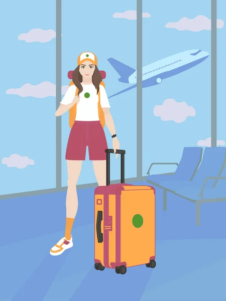 Girl Tourist Stands Luggage Waiting Departure Flight International Airport Woman — Stok Vektör