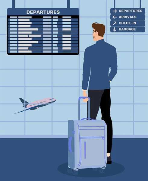 Businessman Standing Luggage Departure Hall International Airport Man Suit Looks — Stok Vektör