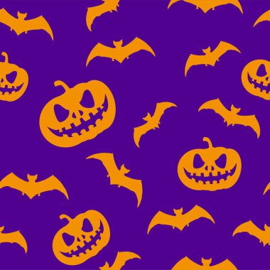 Halloween pattern with pumpkins, bats. Purple and orange background. Greeting texture for party and sale. Autumn holidays.