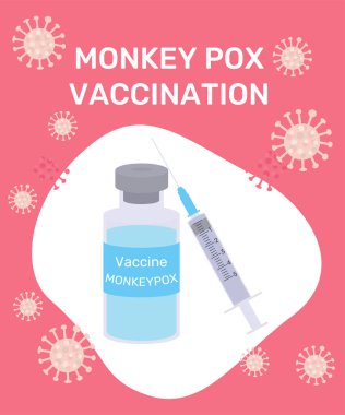 Vaccination against monkeypox virus. A bottle with a vaccine for immunization and a syringe for blood sampling. Monkeypox pandemic outbreak. Monkeypox virus outbreak medical vector illustration