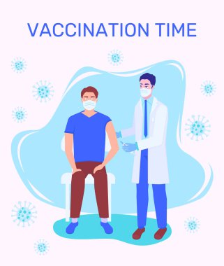 Monkeypox vaccination. A masked man is being vaccinated against Covid-19 in a hospital. Doctor administering an injection of the corona virus vaccine. Vector illustration. Medicine healthcare concept.