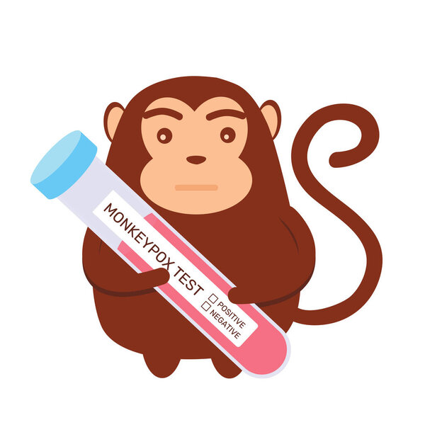 Cartoon monkey holding test tube with blood for Monkeypox virus test. Monkey pox epidemic. Vector illustration in flat style.