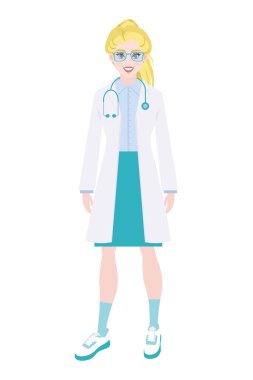 Girl doctor in a medical coat and a stethoscope. Blond woman in nurse glasses smiling. Cartoon female character for medical concept.