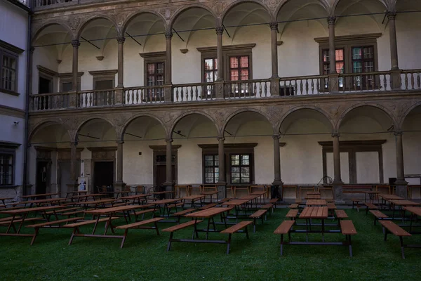 Bucovice República Checa Setembro 2021 Reconstrução Pátio Castelo Uma Tarde — Fotografia de Stock