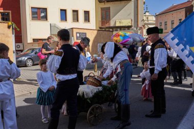 Uherske Hradiste, Çek Cumhuriyeti - 11 Eylül 2021 - Slovcko Şarap Festivali - Geleneksel kostümlerle şehirde bir festival alayı                               