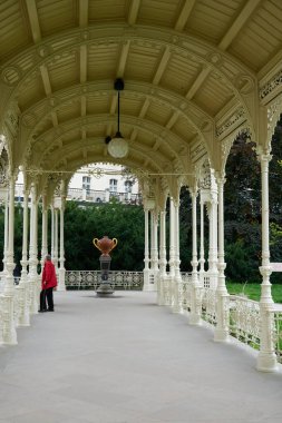 Karlovy Vary, Çek Cumhuriyeti - 27 Eylül 2021 - Yılan Baharı - Karlovy Vary 'nin en lezzetli mineral yayı                               