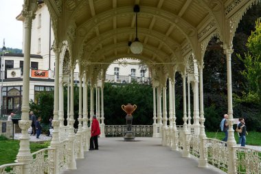 Karlovy Vary, Çek Cumhuriyeti - 27 Eylül 2021 - Yılan Baharı - Karlovy Vary 'nin en lezzetli mineral yayı                               