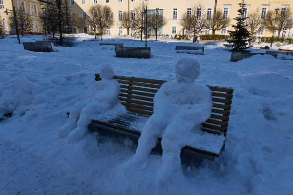 Janske Lazne, Çek Cumhuriyeti - 13 Şubat 2022 - Güneşli bir kış gününde, koloninin önündeki park                                 