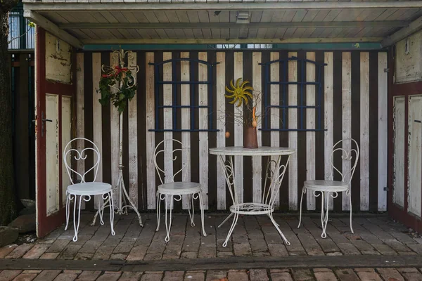 Baharda arka bahçede boş masa ve sandalyeler - rahatlatıcı bir yer                               