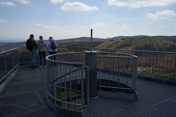 Salas, Czech Republic - April 17, 2022 - A completely unconventional tourist lookout tower above the village of Sala in the foothills of the Chriby Mountains.                                 