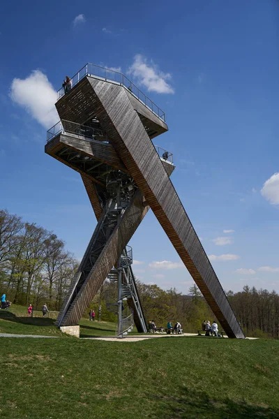 Salas, Czech Republic - April 17, 2022 - A completely unconventional tourist lookout tower above the village of Sala in the foothills of the Chriby Mountains.                                 