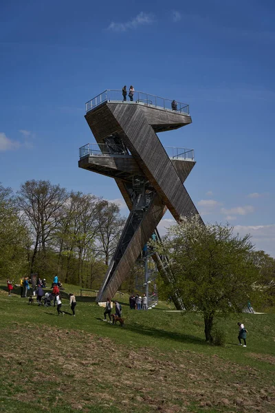 Salas, Czech Republic - April 17, 2022 - A completely unconventional tourist lookout tower above the village of Sala in the foothills of the Chriby Mountains.                                 
