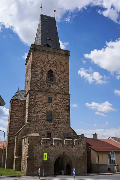Rakovnik, Czech Republic - July 2, 2022 - the High gate at the highest point of the city fortification on a sunny summer afternoon                               