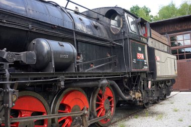 Luzna, Czech Republic - July 2, 2022 - The Railway museum Czech Railways in Luzna close Rakovnik - locomotive 434.2186 - the most filmed Czech locomotive                               