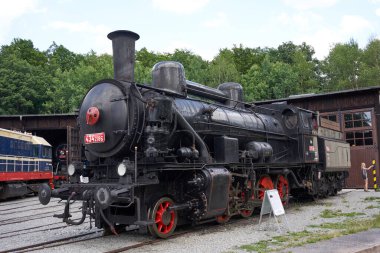 Luzna, Czech Republic - July 2, 2022 - The Railway museum Czech Railways in Luzna close Rakovnik - locomotive 434.2186 - the most filmed Czech locomotive                               