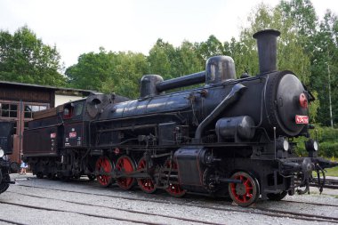 Luzna, Czech Republic - July 2, 2022 - The Railway museum Czech Railways in Luzna close Rakovnik - locomotive 434.2186 - the most filmed Czech locomotive                               
