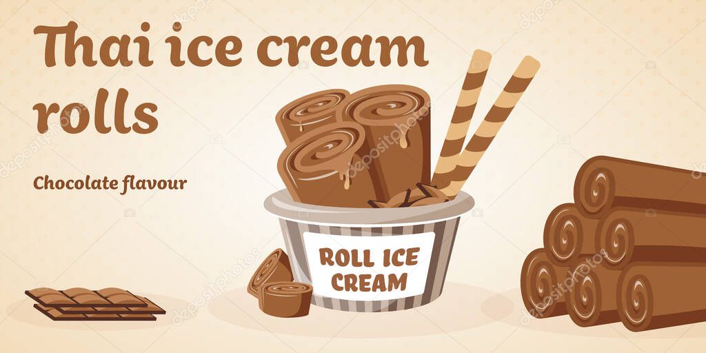 Vector banner of Thai fried ice cream rolls in a basket. Chocolate flavour. Landscape illustration template with a title. Brown vanilla colour. Melting ice cream rolls in a pyramid shape