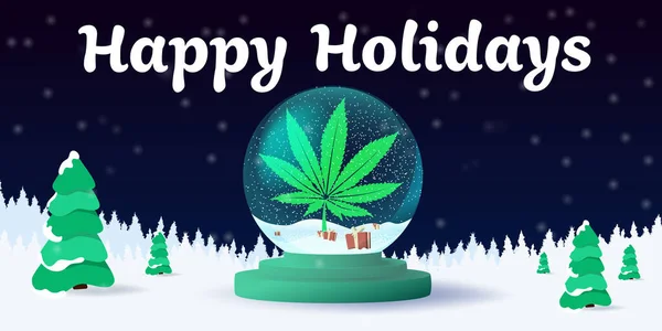 Glass Snowglobe Happy Holidays Marihuana Cannabis Leaf Glass Snow Globe — Stock Vector