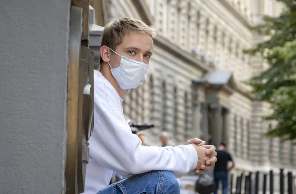 Young Guy Years Old Medical Mask Backpack Sitting Steps Entrance — Stock Photo, Image